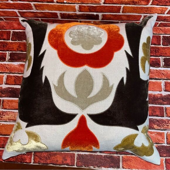 Adam & Viktoria Luxury Linen & Velvet Retro Pillows (2) Org/Brn/Gld EUC Decor - Picture 8 of 14